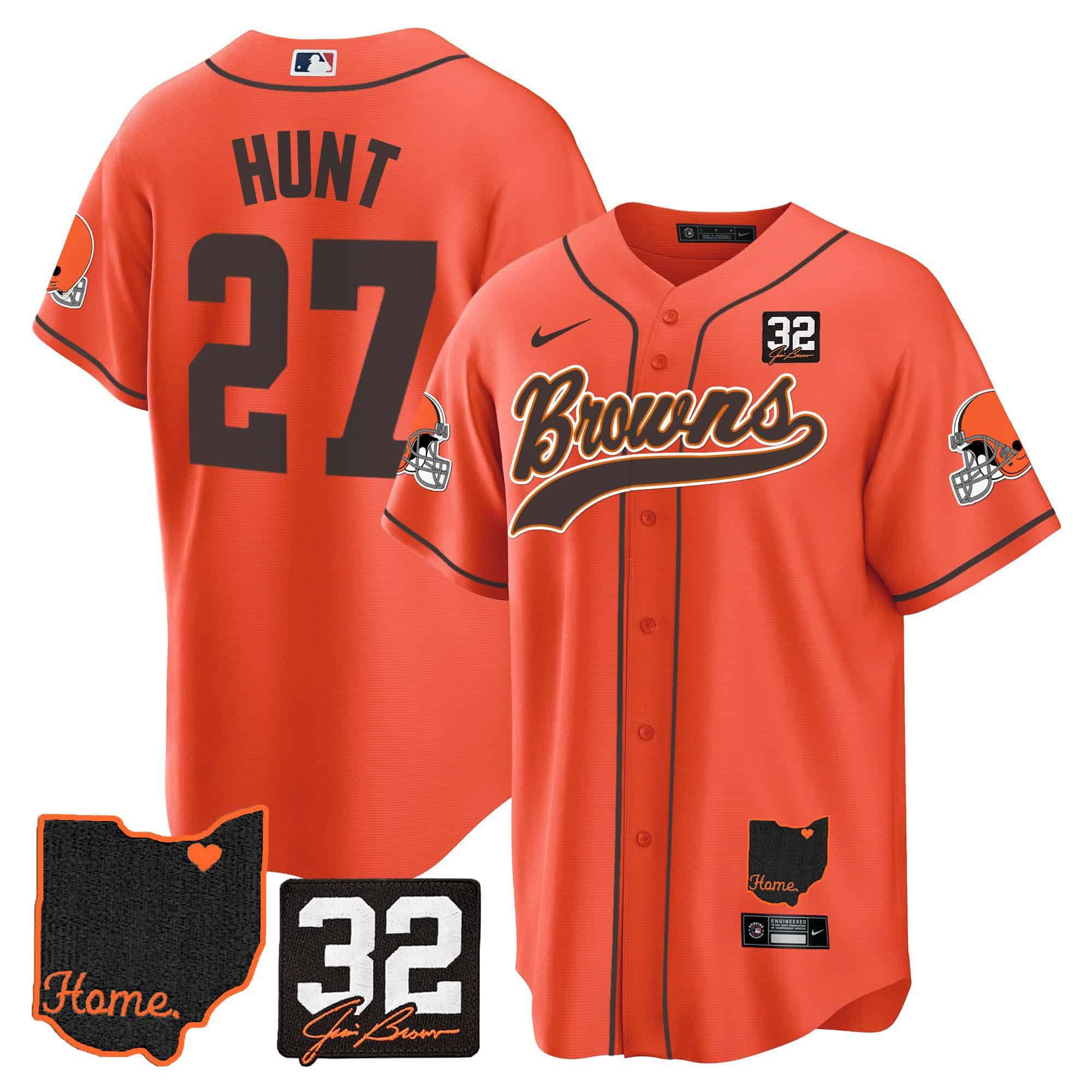Men Cleveland Browns 27 Hunt Orange Memorial Home Patch Baseball 2024 Nike NFL Jersey